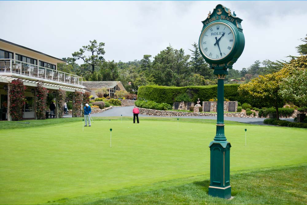 Pebble Beach resort with putting green and historic clock