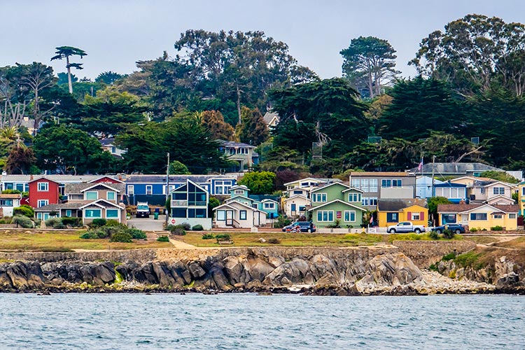 Colorful houses lining the rocky shore of the ocean with trees behind them